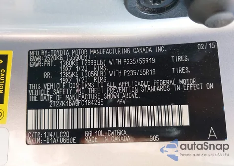 2015 Lexus Rx 350 from USA, damaged, VIN 2T2ZK1BA9FC184295